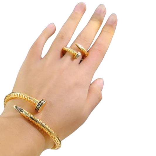 Ambers Jewelry 21k Gold Bracelet Adjustable Ring Set | Hollow Pattern Bangle Bracelets and Boho Ring